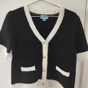 Cece NWT Black Sweater White Trim Gold Buttons Pockets Wool Blend Medium